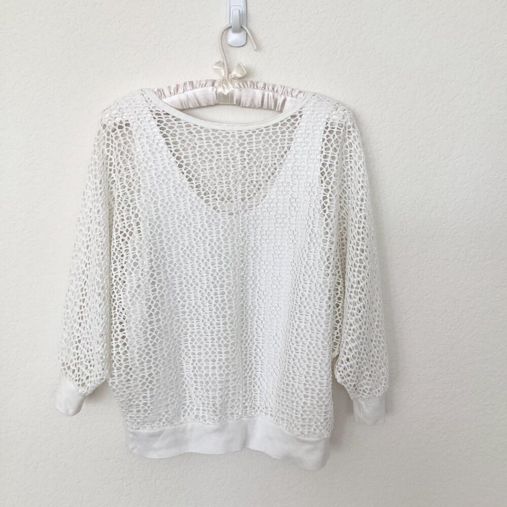 No Tag Open Weave White 3/4 Sleeve Top With Built-In Tank Size M - Picture 5 of 6